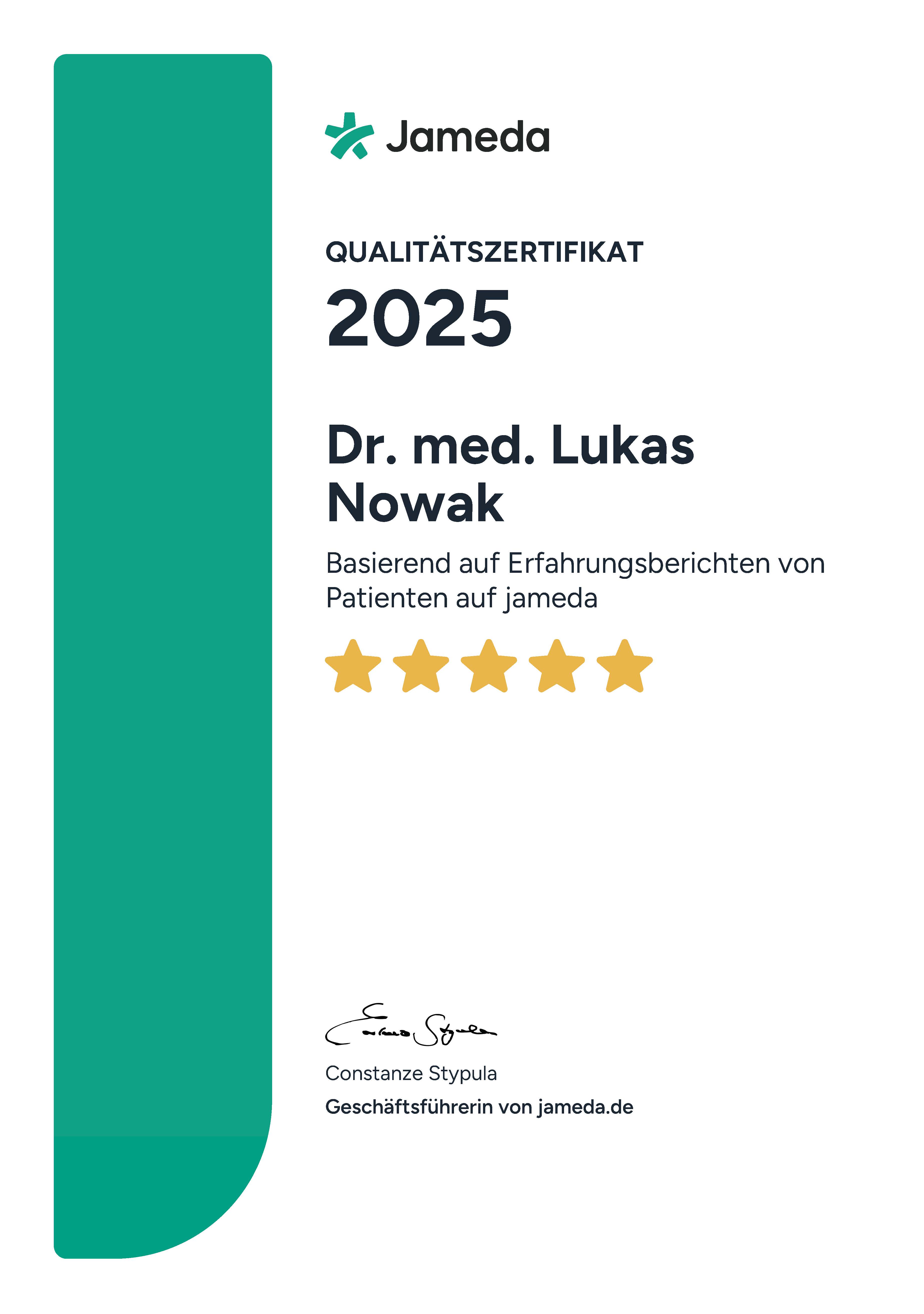 Jameda Qualitätszertifikat 2025 Dr. med. Lukas Nowak